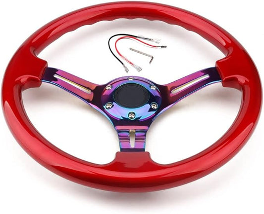 Classic ABS Racing Steering Wheel Neo Chrome Spokes 350mm 13.5" Sports Red Wood Steering Wheel With Horn Button