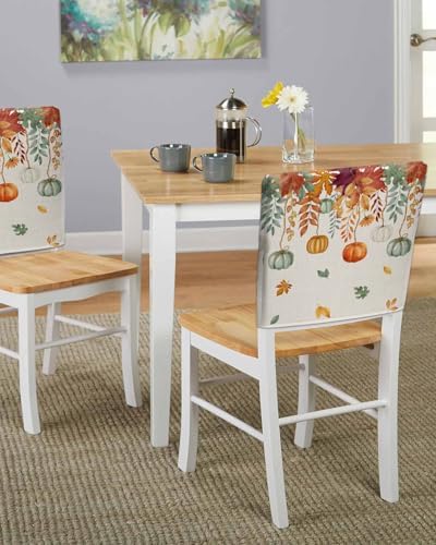 Thanksgiving Pumpkin Chair Back Covers Set of 4 Orange Green White Maple Leaves Vintage Linen Texture Washable Removable Chair Cover Slipcover Protector for Dining Room Hotel Party Holiday Decor