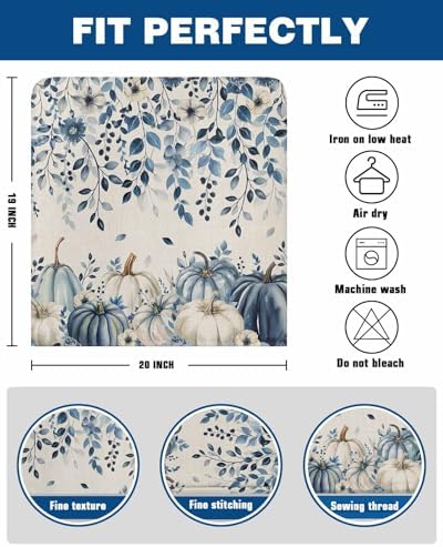 Blue Pumpkin Chair Back Covers Set of 6 Thanksgiving Fall Eucalyptus Leaf Floral Linen Washable Removable Chair Cover Slipcover Protector for Dining Room Hotel Party Holiday Decor