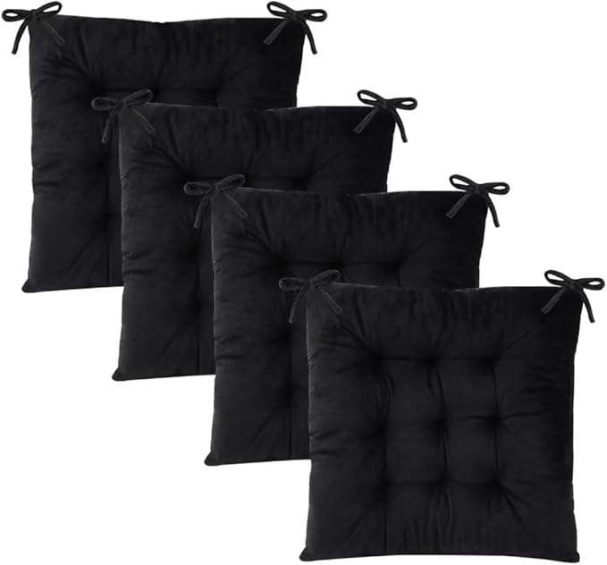 Set of 4 Chair Cushions for Dining Chairs with Ties, Indoor Non-Slip Kitchen Chair Pad and Dining Room Seat Cushion Mat for Office Living Room Outdoor 15.5" - Black