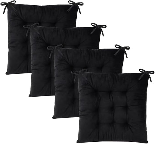 Set of 4 Chair Cushions for Dining Chairs with Ties, Indoor Non-Slip Kitchen Chair Pad and Dining Room Seat Cushion Mat for Office Living Room Outdoor 15.5" - Black