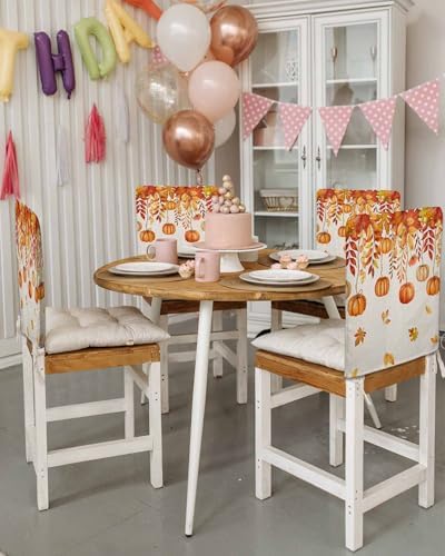 Thanksgiving Orange Pumpkin Chair Back Covers Set of 6 Fall Maple Leaves Floral Linen Texture Washable Removable Chair Cover Slipcover Protector for Dining Room Hotel Party Holiday Decor
