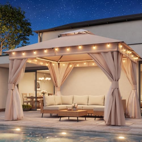 LAUSAINT HOME 12x12 Gazebo with Lights, Netting, Curtains & Double Roof