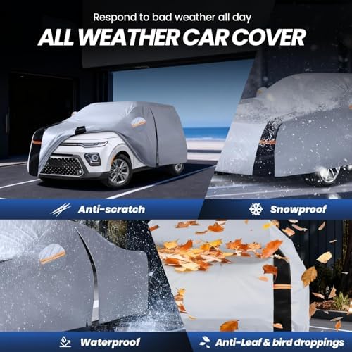 Multi-Layer Car Cover Custom Fit for Kia Soul(2009-2026), 100% Waterproof All Weather for Automobiles, Gift with Towel, Heavy Duty Car Covers for Rain Sun UV Protection with Door Zipper