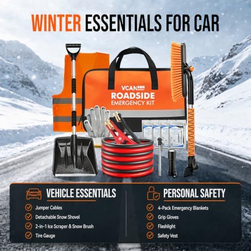 Winter Car Emergency Safety Kit Bag with Jumper Cables, Snow Shovel for Car