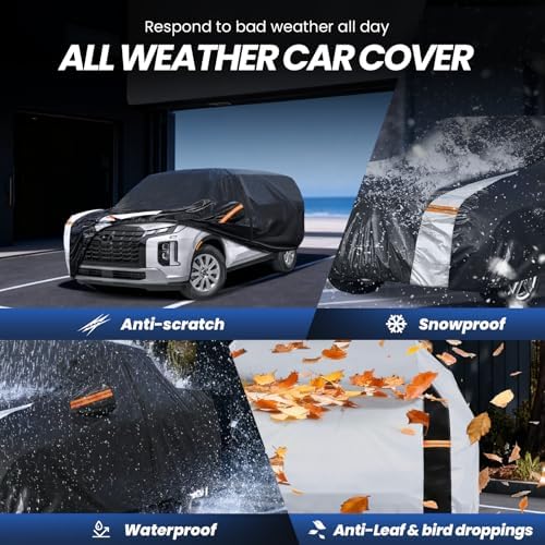 Multi-Layer Car Cover Custom Fit for Hyundai Palisade(2018-2026), 100% Waterproof All Weather for Automobiles, Gift with Towel, Heavy Duty Car Covers for Rain Sun UV Protection with Door Zipper