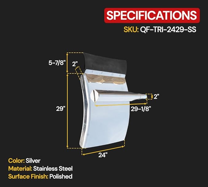 Mytee Products 24" x 29" Heavy-Duty Stainless Steel Quarter Fenders with Triangle Support Bracket, Polished Finish, Set of 2 for 18-Wheelers, Semi-Trailers & Class 8 Trucks