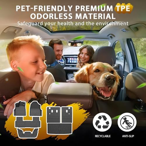 Powerty Floor Mats for Honda Pilot 2023-2025 2026, All Weather 3D TPE Anti-Slip Trunk Cargo Liner Seat Back Covers Protectors Full Set Car Accessories