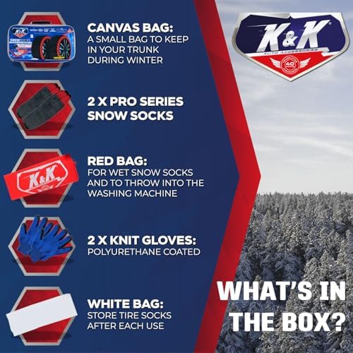 K&K Auto Snow Socks for Tires – Pro Series for Ultimate Grip Approved Snow Chain Alternative Traction Device – Tire Sock for Heavy Duty Pickup Truck – Winter Accessory Emergency Kit – 4XL (2pcs)