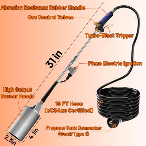 Propane Torch Weed Burner Kit,High Output,Heavy Duty Blow Torch Flamethrower with 10FT Hose for Weeding,Roof Asphalt,lce Snow,Road Marking,Charcoal