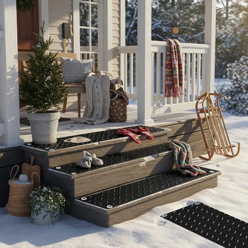 Riakrum 10 Pcs Heated Snow Melting Mats Outdoor, 10 x 30 in Winter Anti-Slip Heated Rubber Mat for Walkways Decks and Sidewalks, Electric Snow and Ice Melting Pads Connection with 9.84 ft Power Cord