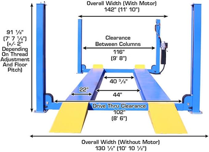 ATLAS Automotive Equipment 414 Commercial Grade 4-Post Vehicle Lift, 10’ Minimum Height, 14,000lb Capacity, Extra Tall/Wide/Long, Diamond Plated Runways, Air Operated Single Point Lock Release, 220V