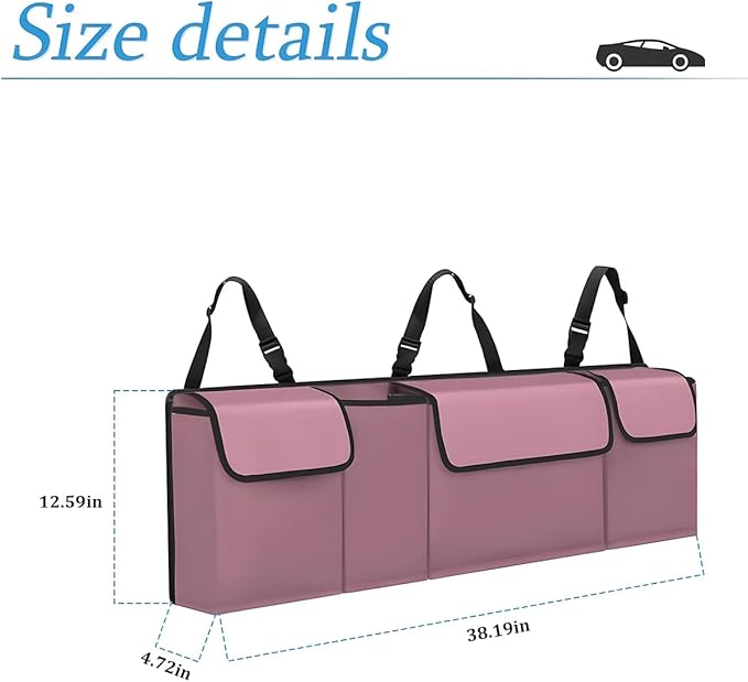 Car Trunk Organizer, Backseat Hanging Storage with 4 Large Pockets, Collapsible Cargo Bag with Adjustable Straps Frees Trunk Floor, Sturdy Space Saving Expert for SUV, Truck, Van (Pink)
