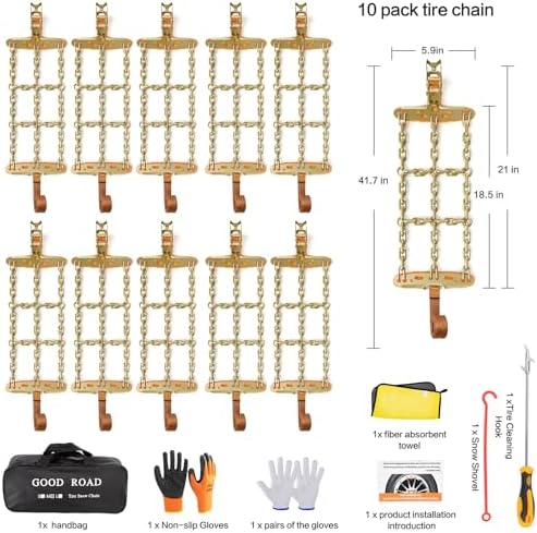 Emergency Snow Chains, Tire Chains with Thickened Manganese Steel for Car Truck SUV in Ice, Sand and Mud(8 Packs, Tire Width 195-235mm)