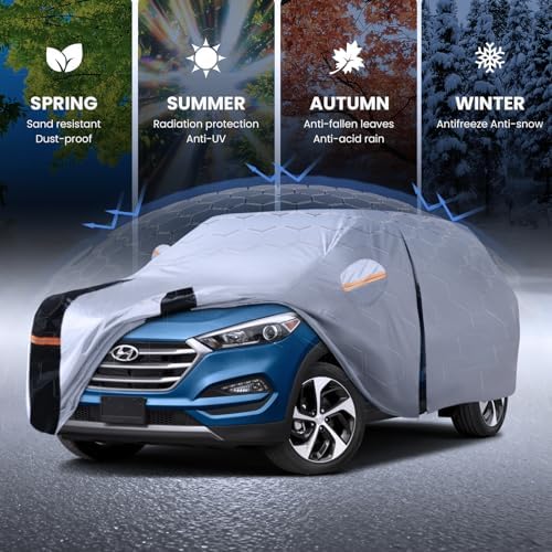 Multi-Layer Car Cover Custom Fit for Hyundai Tucson (ix35)(2015-2026), 100% Waterproof All Weather for Automobiles, Gift with Towel, Heavy Duty Car Covers for Rain Sun UV Protection with Door Zipper