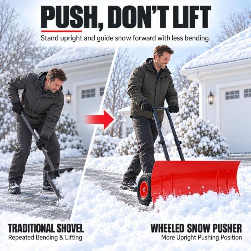 Snow Shovel with Wheels, for Efficient Snow Removal (Dual Bar - Red)