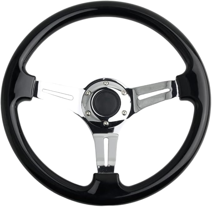Classic Black Car Racing Steering Wheel Chrome Silver Spokes 14" Flat Dish Sports Wood Grain Steering Wheel Anti-slip with Horn Button