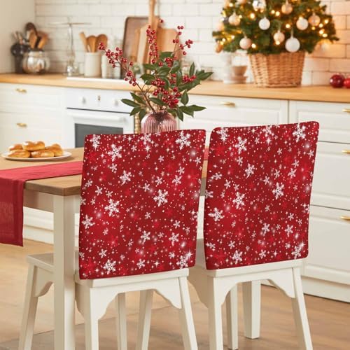 Christmas Chair Back Covers Set of 4 Winter Red Snowflakes Shinny White Stars Retro Washable Removable Chair Cover Slipcover Protector for Dining Room Hotel Party Holiday Decor