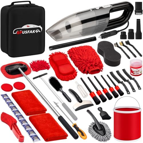 47Pcs Car Wash Cleaning Kit with High Power Handheld Vacuum Windshield Cleaning Tool with Side Mirror Squeegee Bucket Detailing Brushes Tire Brush Towels Complete Detailing Set for Car