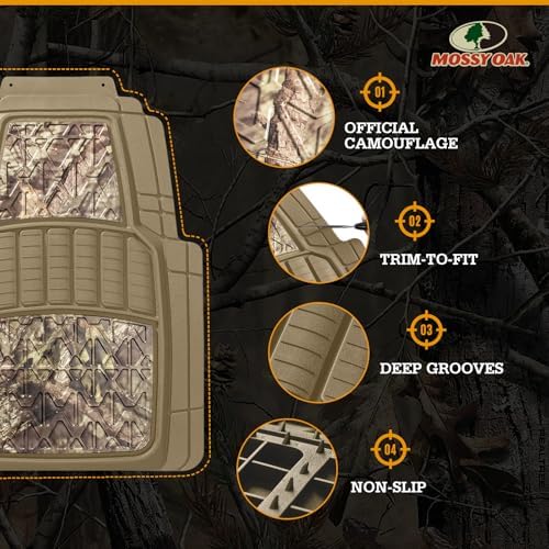 Mossy Oak Camo Trimmable Floor Mats - All Weather Protection - Trim to Fit for Car, SUV, Van, Trucks - Official Licensed Product (4 Pcs) - Beige Color