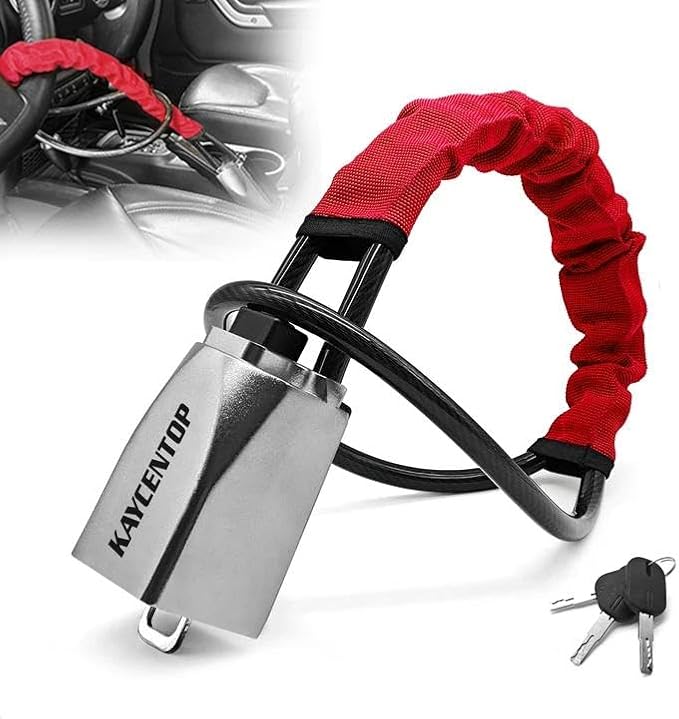 KAYCENTOP Car Steering Wheel Lock, Seat Belt Lock, Car Locks Anti-Theft Device with Aluminum Alloy Lock Housing, Max 17 Inch Length, High Visibility and Light-Weight, Universal Fit, 3Keys(Red)