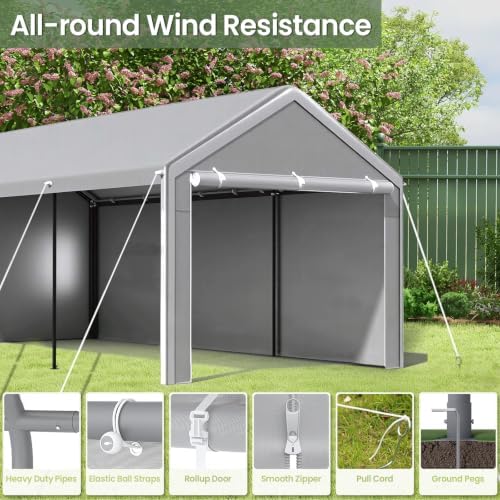 10x20 Carport with Sidewalls, Portable Garage Canopy for Truck Boat Storage