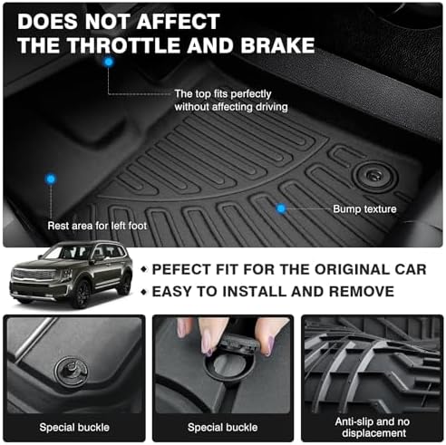 Powerty Floor Mats for 2020-2025 Kia Telluride 7 Seats All Weather 3D TPE Anti-Slip Car Liners for 1st & 2nd & 3rd Row Accessories