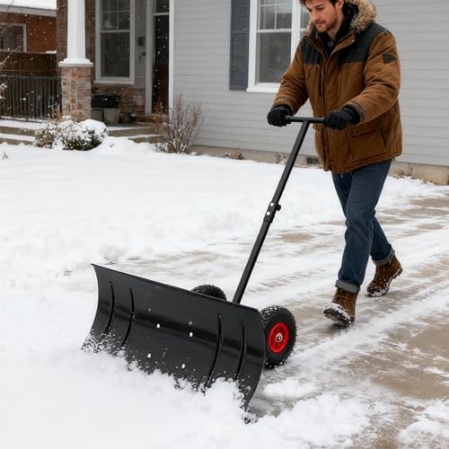 30" Wide Metal Snow Pusher Shovel with 2 Wheels & 15" Blade Adjustable Height & Angle Handle for Driveway, Sidewalk - Ergonomic Double-Rod Design, Heavy-Duty Steel
