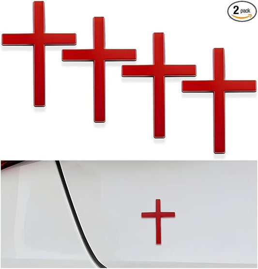 DXNQ 4PCS Metal Jesus Christ Cross Badge Stickers, 2.5"×1.8" Alloy 3D Individual Car Cross Sticker, Self Adhesive Scratch Covering Cross Emblem Decal for Car Body Fender Tail (Red)