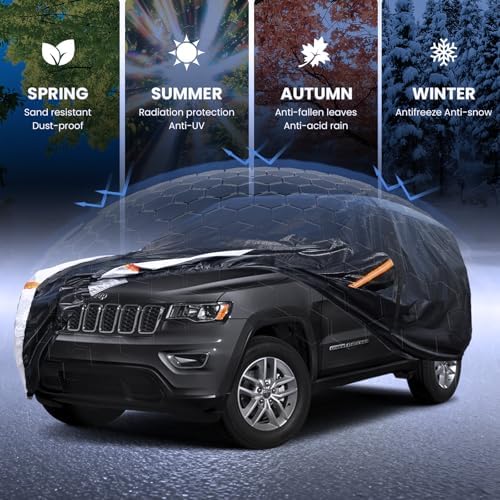 Multi-Layer Car Cover Custom Fit for Jeep Grand Cherokee(2010-2026), 100% Waterproof All Weather for Automobiles, Gift with Towel, Heavy Duty Car Covers for Rain Sun UV Protection with Door Zipper