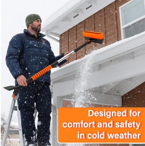 1 Pcs 33" to 39" Extendable Snow Brush and Ice Scraper for Car Windshield 3 in 1 Telescoping Handle with Detachable Brush Squeegee Foam Grip for Car SUV Truck Snow Winter Removal Orange