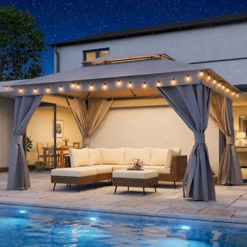 LAUSAINT HOME 10x12 Gazebo with Lights, Netting, Curtains & Double Roof