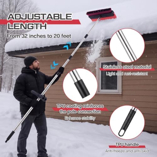 Chumia 16 Inch Roof Rakes for Snow 2.7-20 ft Telescoping Pole