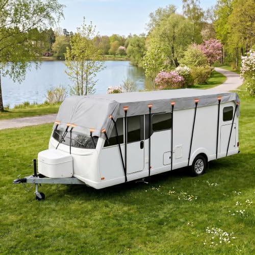 2026 Upgraded Heavy Duty RV Roof Cover,3000PA Waterproof Camper Top Cover with 16 Adjustable Buckles & 16 Reflective Reinforcement,16ft to 44ft for Travel Trailer Pop-Up Camper