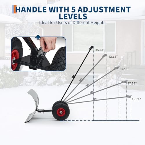 Garvee 30in W x 17in H Snow Shovel with Ergonomic Handle for Driveway, Heavy Duty Push Snow Plow Shovel with Large Adjustable Handle, Angled Blade and Wheels, Snow Removal for Driveway, Courtyard