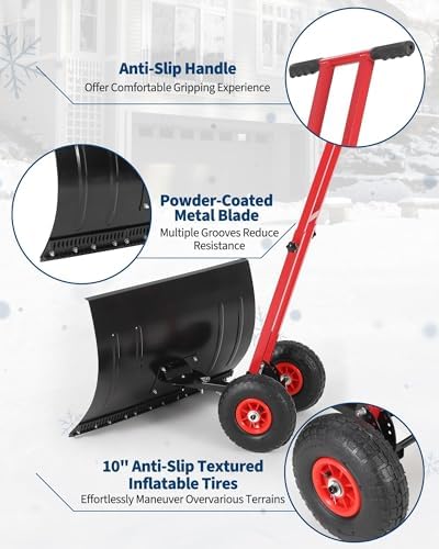 Snow Shovel with 29.13x19.8 in Wide Blade, Heavy Duty Rolling Snow Pusher