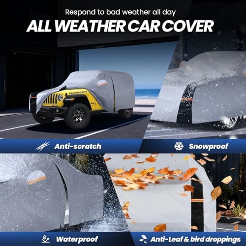 Multi-Layer Car Cover Custom Fit for Jeep Wrangler 2 Door CJ YJ JK JL(1987-2026), 100% Waterproof All Weather for Automobiles, Gift with Towel, Heavy Duty Car Covers for Rain Sun UV Protection.
