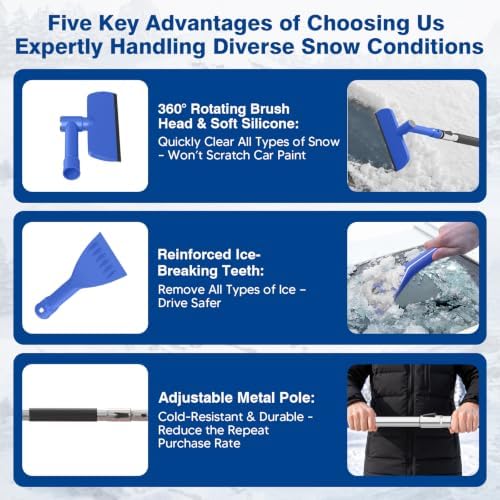 Upgraded 63" Extra Long Snow Brush with Ice Scraper for Car Truck SUV Van