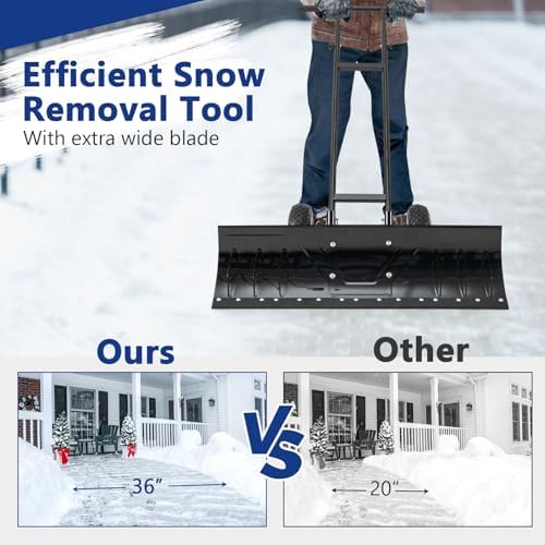 Goplus 36” Wide Snow Pusher, Heavy-Duty Metal Snow Shovel with Wheels