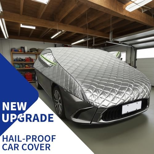 Hail Protection Car Cover Half Cover,5-Layer Heavy Duty Waterproof 210T Taffeta with Double Cotton Padding,Sun UV Rain Snow Resistant,Fit Hatchback with Lengths from 3.8 m to 4.3 m(Color:Silver).