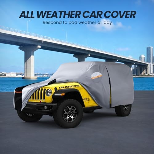 Multi-Layer Car Cover Custom Fit for Jeep Wrangler 2 Door CJ YJ JK JL(1987-2026), 100% Waterproof All Weather for Automobiles, Gift with Towel, Heavy Duty Car Covers for Rain Sun UV Protection.