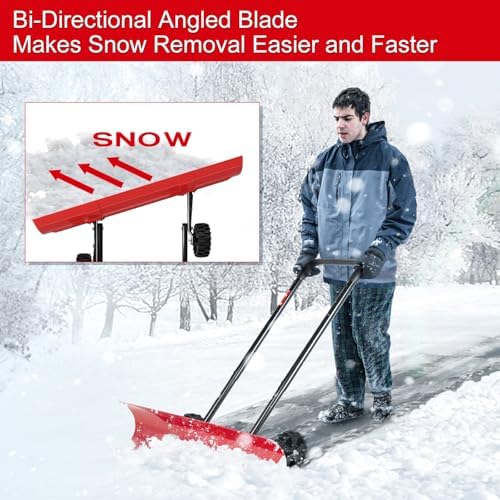38 Inch Snow Shovel for Driveway, Brewin SnowPro Bi-Direction Heavy Duty Snow Pusher with Wheels and Angled Blade for Efficient Snow Removal, Back Saver Snow Plow for Doorway Sidewalk