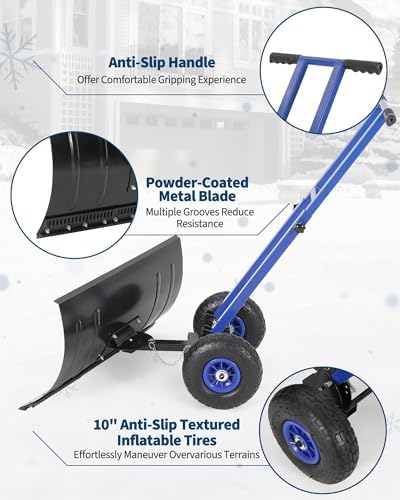 Snow Shovel with 29.13x16.53 in Wide Blade, Heavy Duty Rolling Snow Pusher