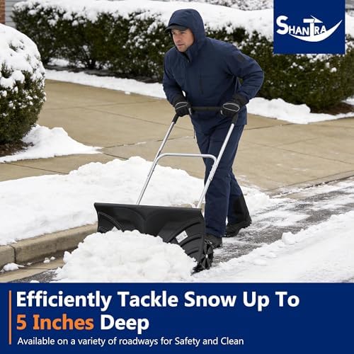 SHANTRA Snow Shovel with Wheels for Driveway, Heavy-Duty Snow Shovel Pusher with 26" x 13" Large Blade for Efficient Snow Removal, Adjustable Handle, U-Shaped Handle, Back Saver Snow Plow for Doorway