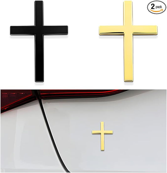 DXNQ 2PCS Metal Jesus Christ Cross Badge Stickers, 2.5"×1.8" Alloy 3D Individual Car Cross Sticker, Self Adhesive Scratch Covering Metal Cross Auto Emblem Decal for Car Body Fender Tail (Black+Golden)