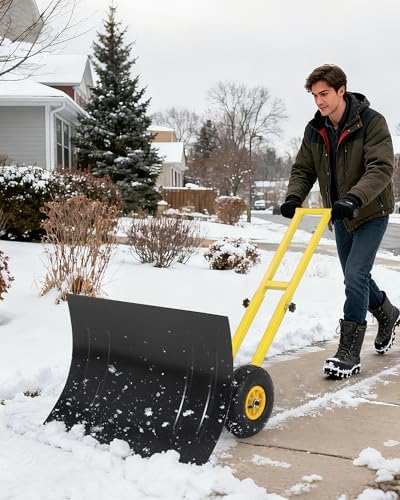 TrailBlaze Heavy Duty Rolling Snow Shovel with Wheels – 29x20 Extra Wide Metal Blade – Adjustable Angle & Height Ergonomic Handle – Anti-Slip Pneumatic Tires – Ideal for Driveways, Sidewalks,