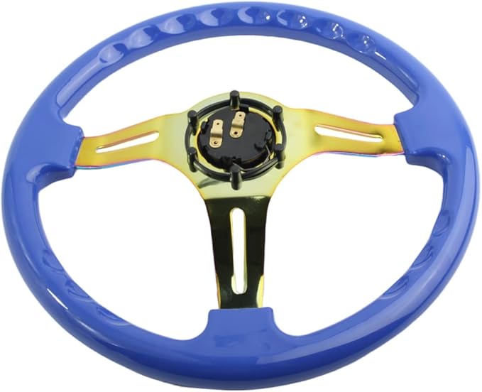 6 Bolts Car Racing Steering Whee 13.5" Universal Car and Simulation Pc Game Classic Sport Blue Steering Wheel with Neo Chrome Spoke and Horn Button