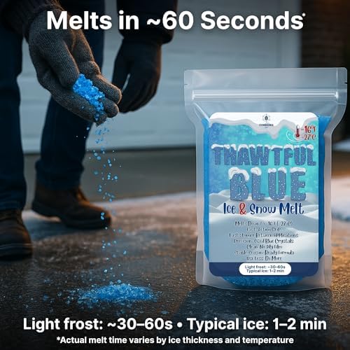 Thawtful Blue Ice & Snow Melt – Snow Melt, Rock Salt, Driveway & Sidewalk Salt for Ice, Blue Granular Rock Salt, Melts to −16°F (−27°C) – Resealable Zip Bag (2 QUARTS - 4.2 lb.)