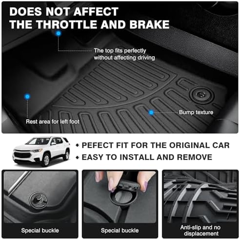 Powerty Floor Mats for 2018-2024 2025 Chevy Chevrolet Traverse 7 Seater (Only for with 2nd Row Bucket Seat) All Weather 3D TPE Anti-Slip Car Protection Liners for 1st & 2nd & 3rd Row
