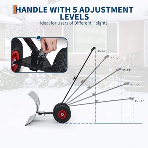 Garvee Heavy Duty Steel Snow Shovel Pusher with Wheels for Driveways, 29In Wide Push Snow Plow Shovel, Adjustable Handle, Angled Blade, Efficient Snow Removal for Easy Driveway & Pavement Clearing